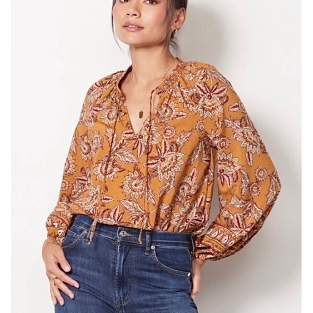 Evereve Britta Border Peasant Top Womens Size L Marigold Floral Paisley Boho